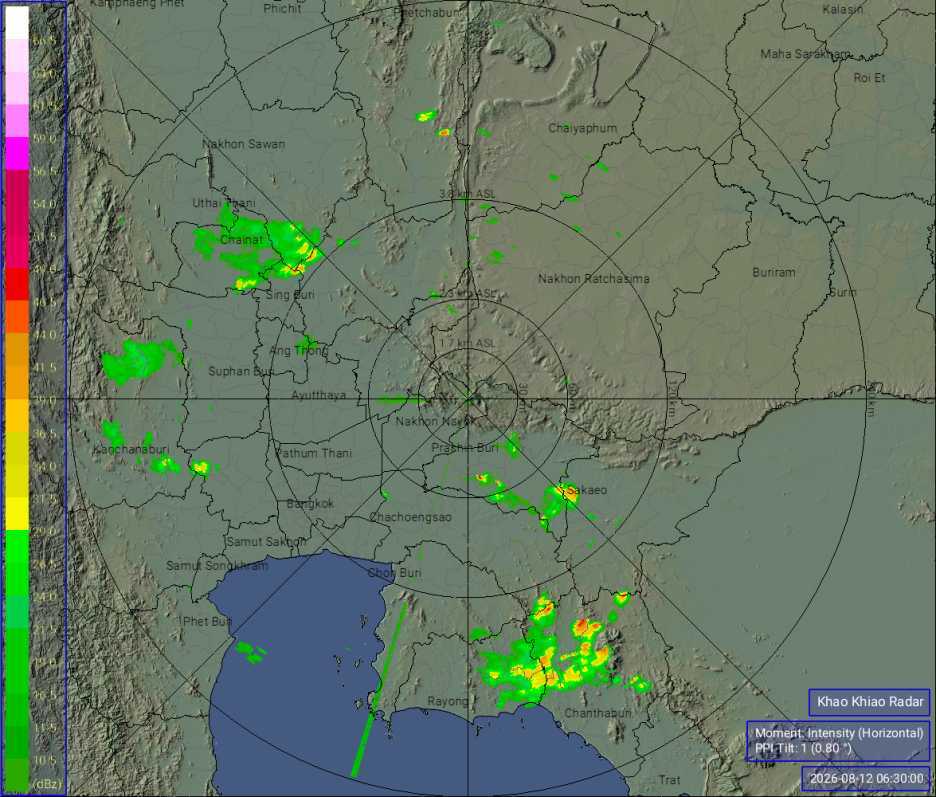 ภาพเรดาร์ฝนความละเอียดสูง รัศมี 240  กิโลเมตร นครนายก ล่าสุด วันนี้ เรดาร์ เขาเขียว.