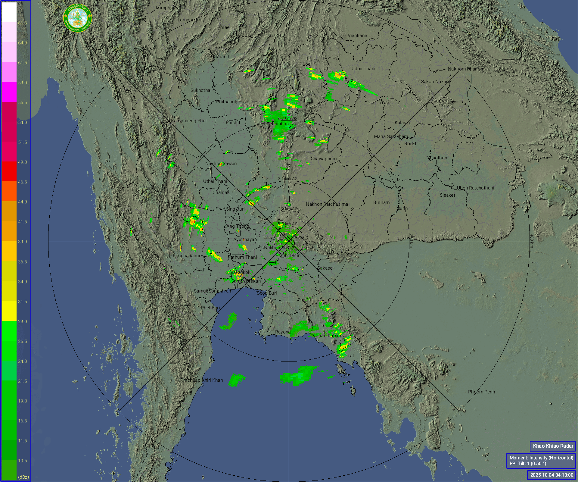 ภาพเรดาร์ฝนความละเอียดสูง รัศมี 480 กิโลเมตร นครนายก ล่าสุด วันนี้ เรดาร์ เขาเขียว.