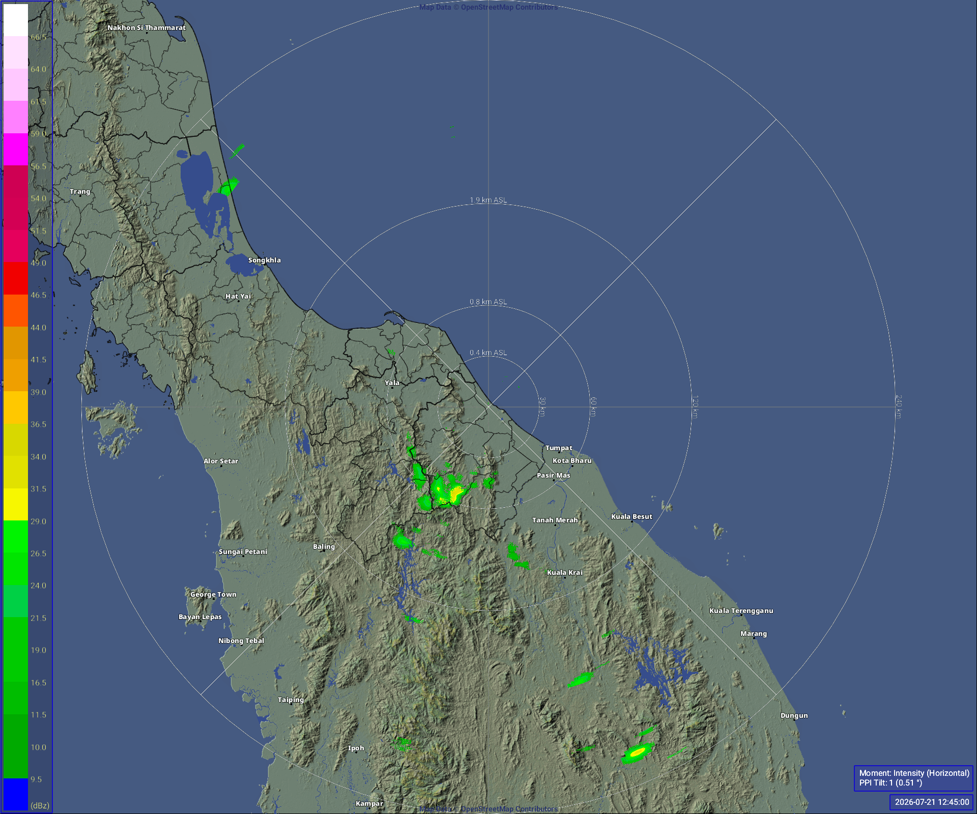 ภาพเรดาร์ฝนความละเอียดสูง นราธิวาส รัศมี 240 กม. ล่าสุด วันนี้ เรดาร์นราธิวาส.