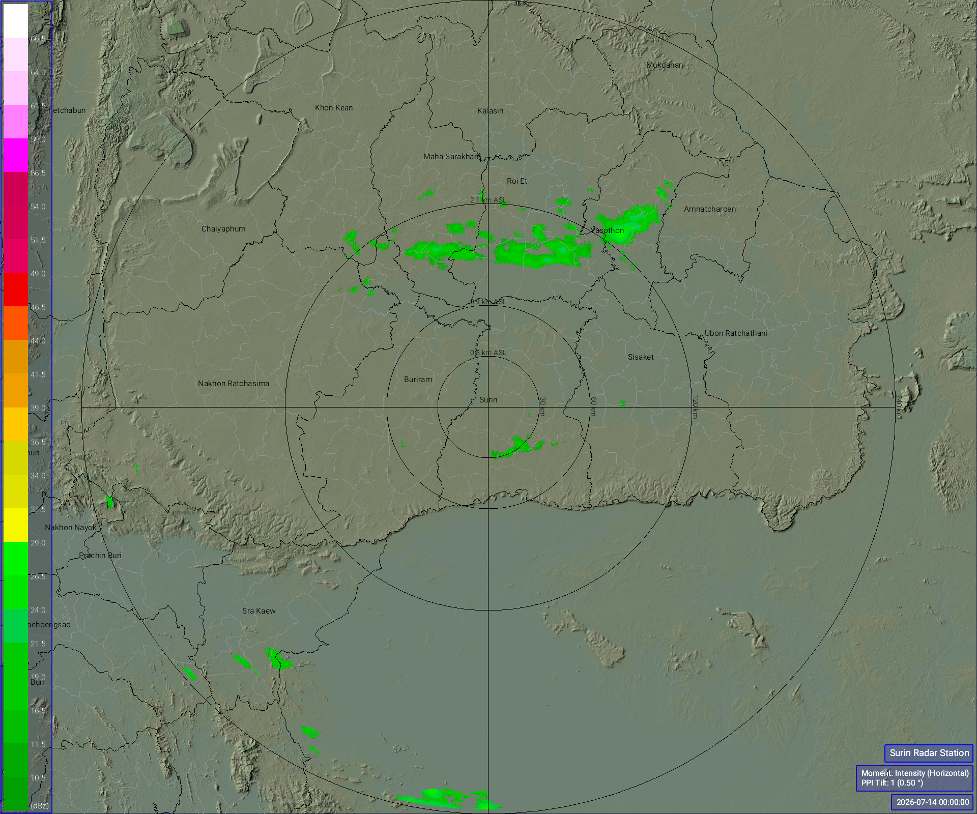 ภาพเรดาร์ฝนความละเอียดสูง สุรินทร์ รัศมี 240 กม. ล่าสุด วันนี้ เรดาร์สุรินทร์