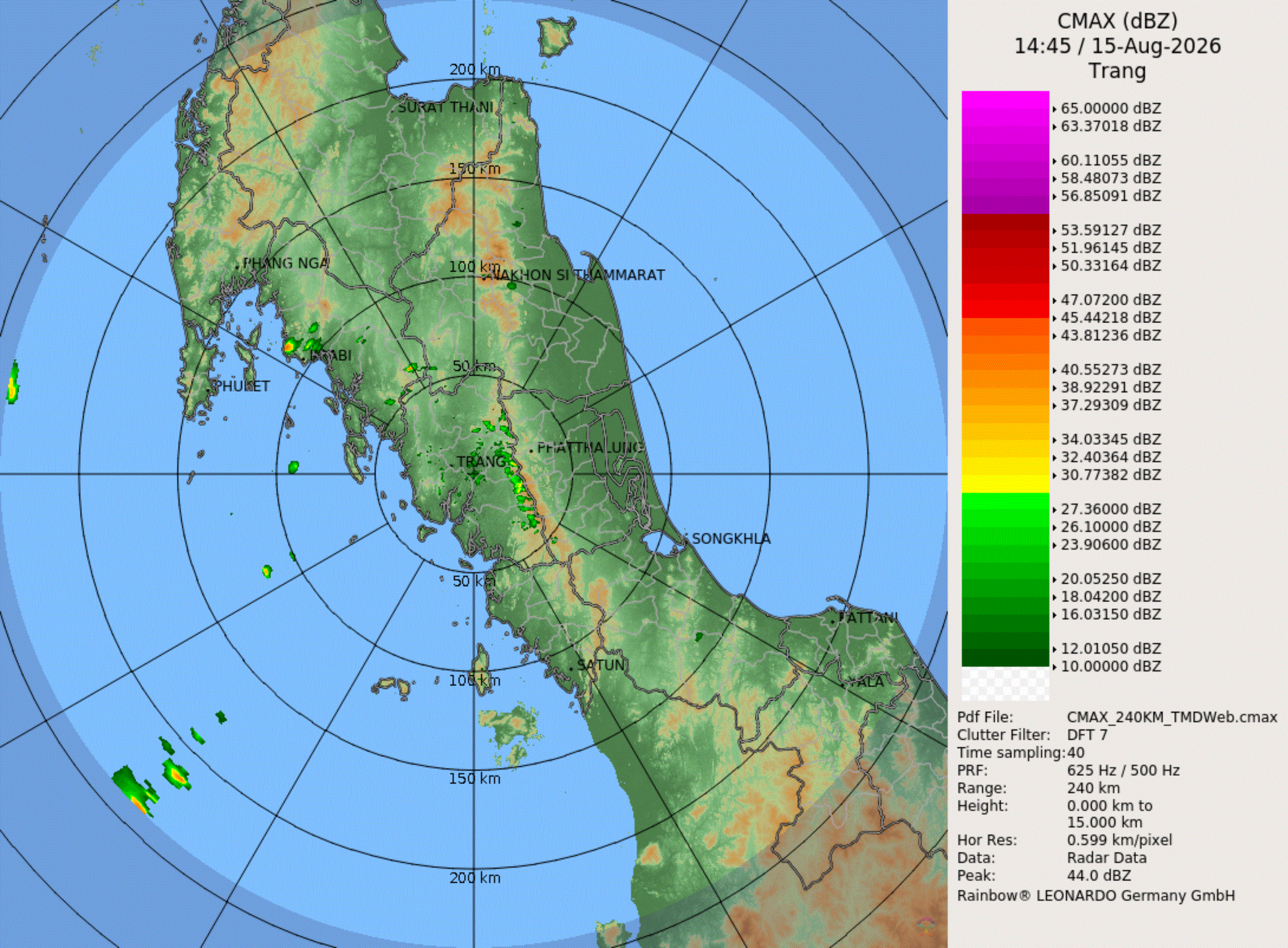 ภาพเรดาร์ฝนความละเอียดสูงตรัง ล่าสุด วันนี้ เรดาร์ ตรัง.